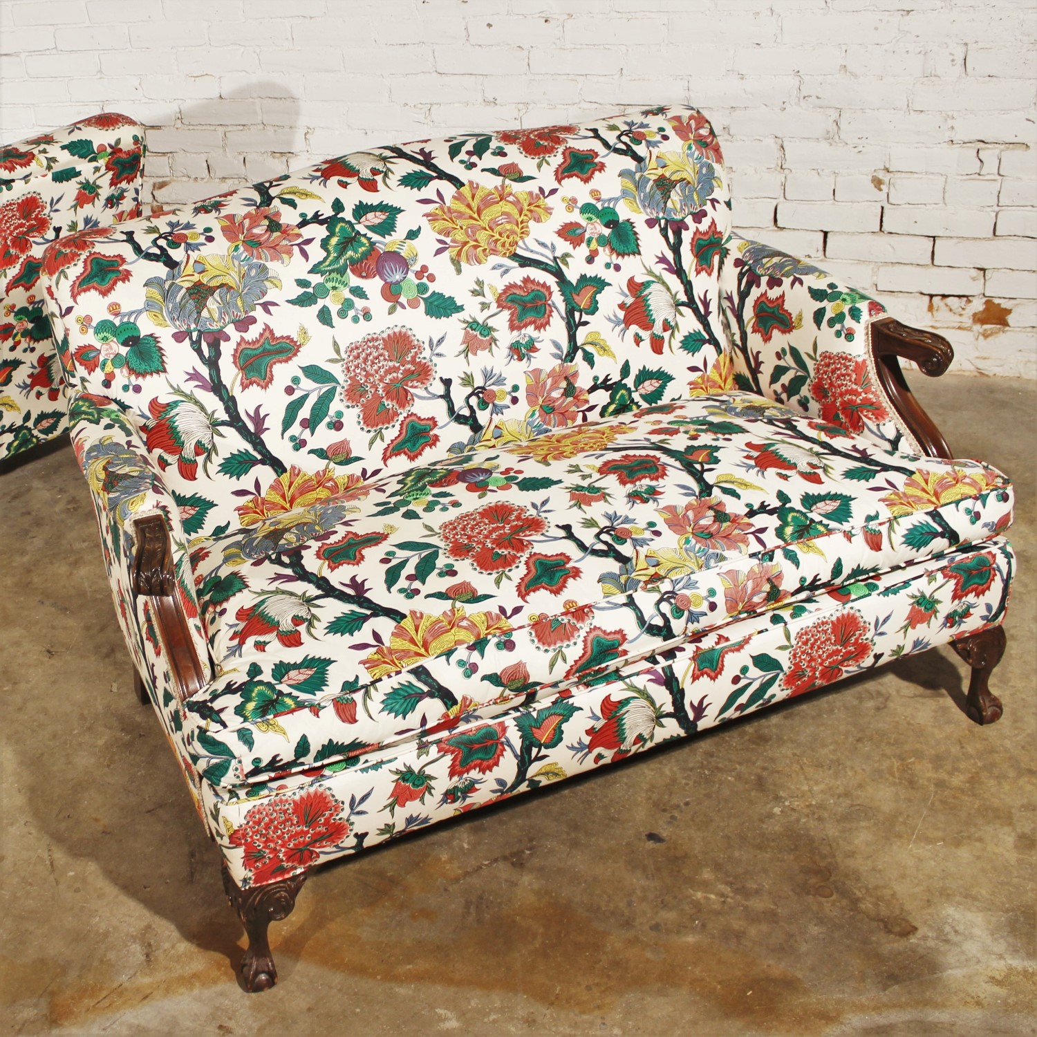 Antique Bold and Bright English Club-Style Floral Loveseat - ONLY ONE