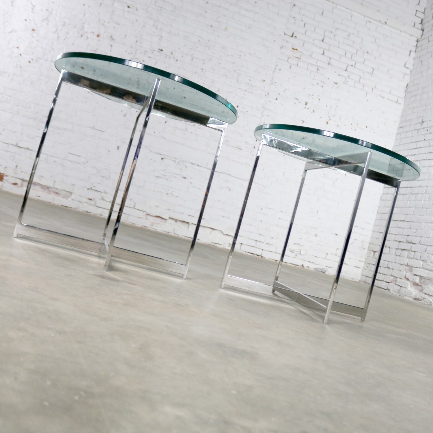 Pair Chrome X Base Round Glass Top Side Tables After Mies Van Der Rohe