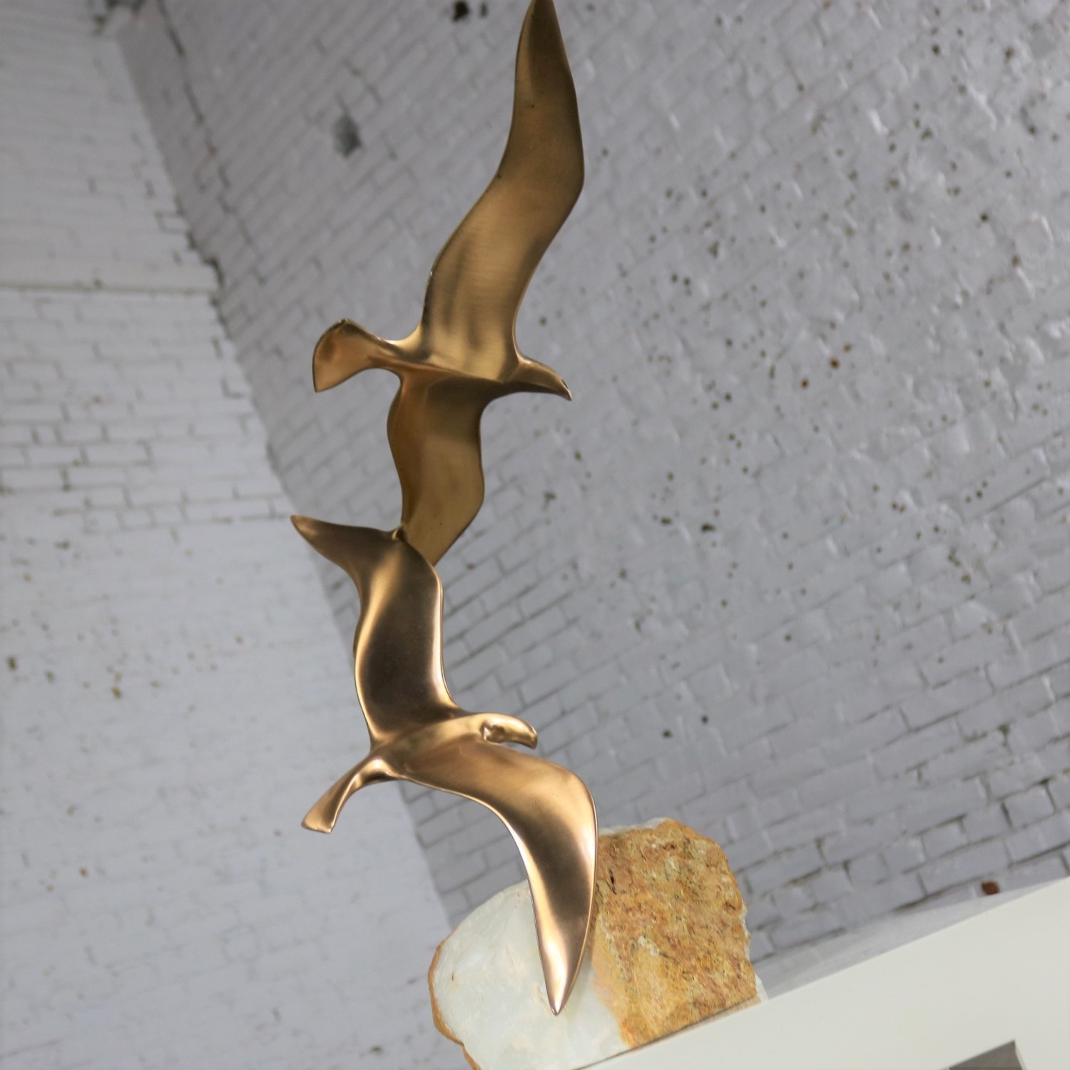 C. Jere Sculpture Metal Pair of Birds in Flight on Quartz Base Mid Century Modern