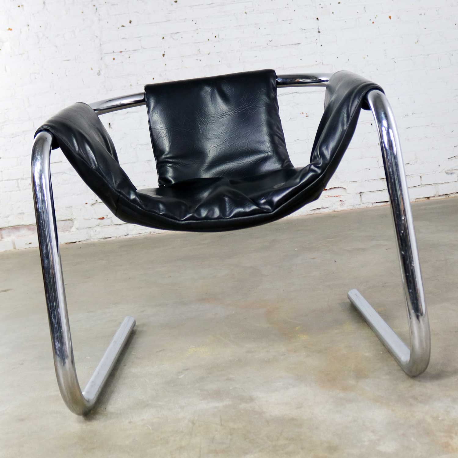 Chrome and Black Vinyl Cantilevered Sling Chair Attributed to Vecta Group Italy