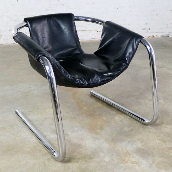 Chrome and Black Vinyl Cantilevered Sling Chair Attributed to Vecta Group Italy