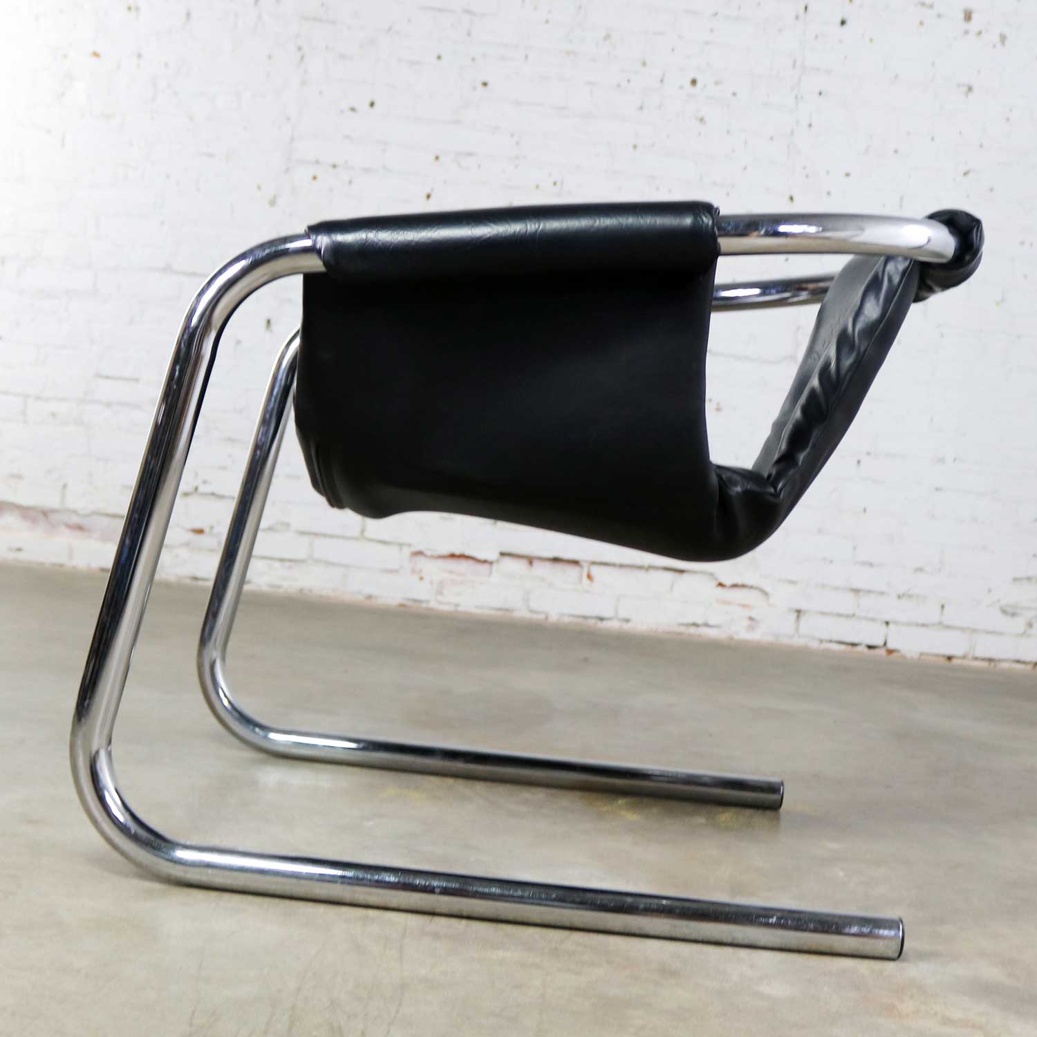 Chrome and Black Vinyl Cantilevered Sling Chair Attributed to Vecta Group Italy