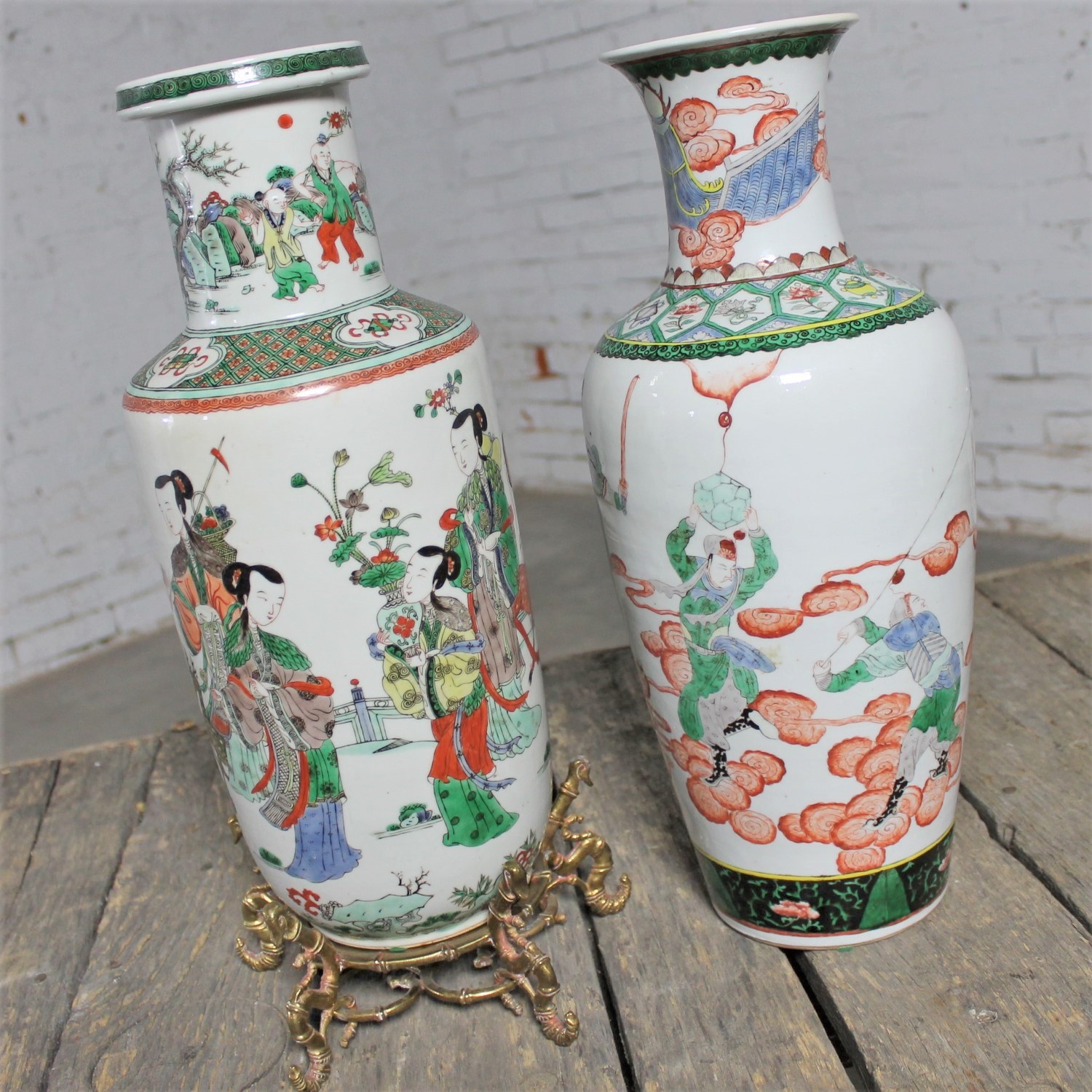 Large Antique Chinese Qing Famille Vert Porcelain Vases an Unmatched Pair