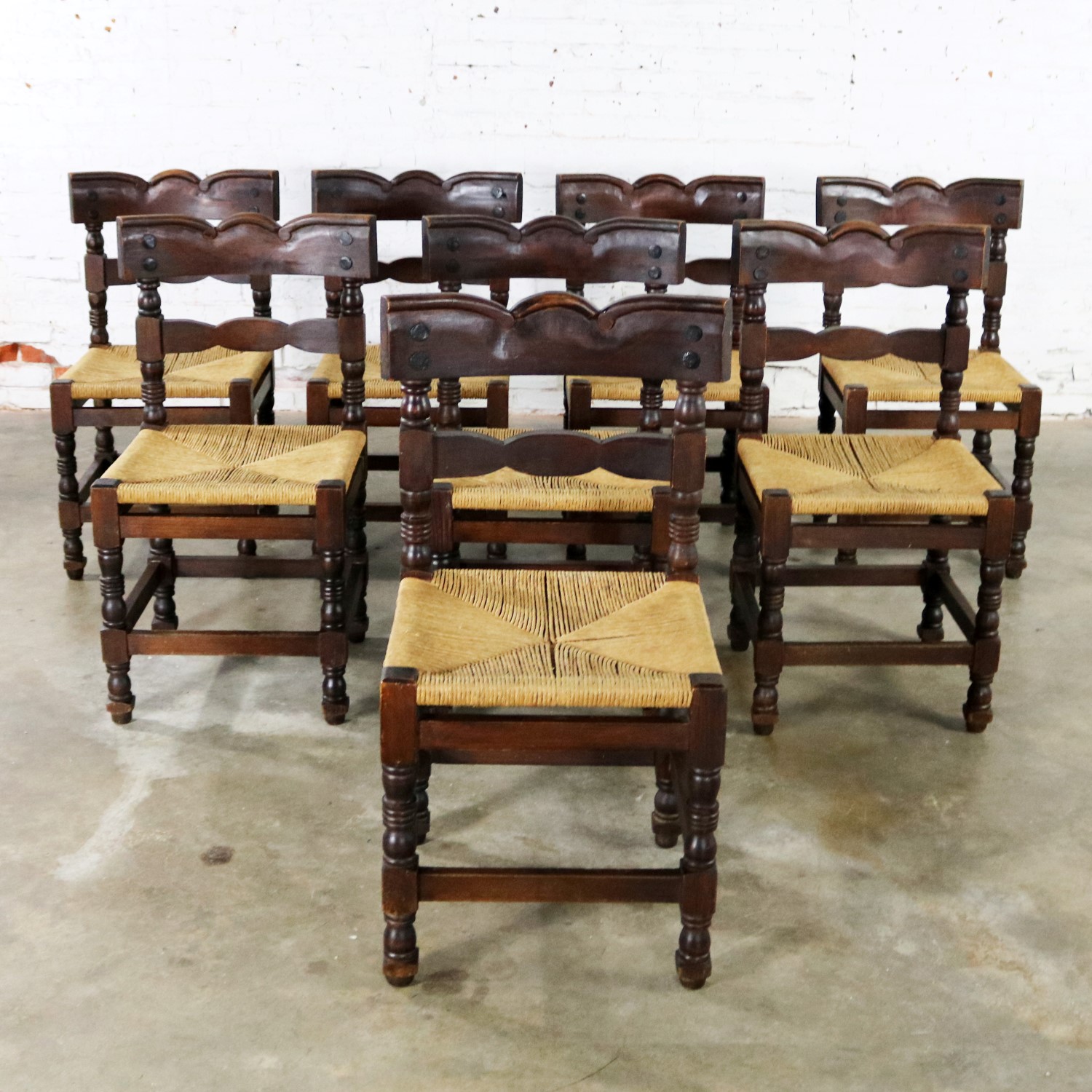 Spanish Colonial Style Dining Chairs with Rush Seats Stamped Hecho en Mexico