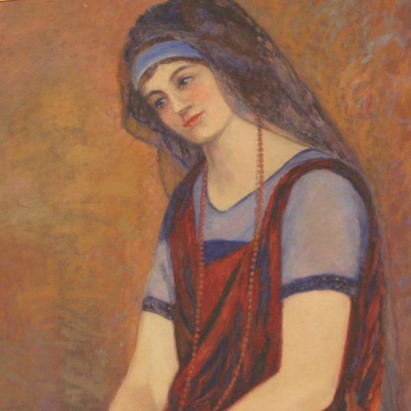 Oil Portrait of Lady in Blue Veil attributed to Lester A. Gillette circa 1920