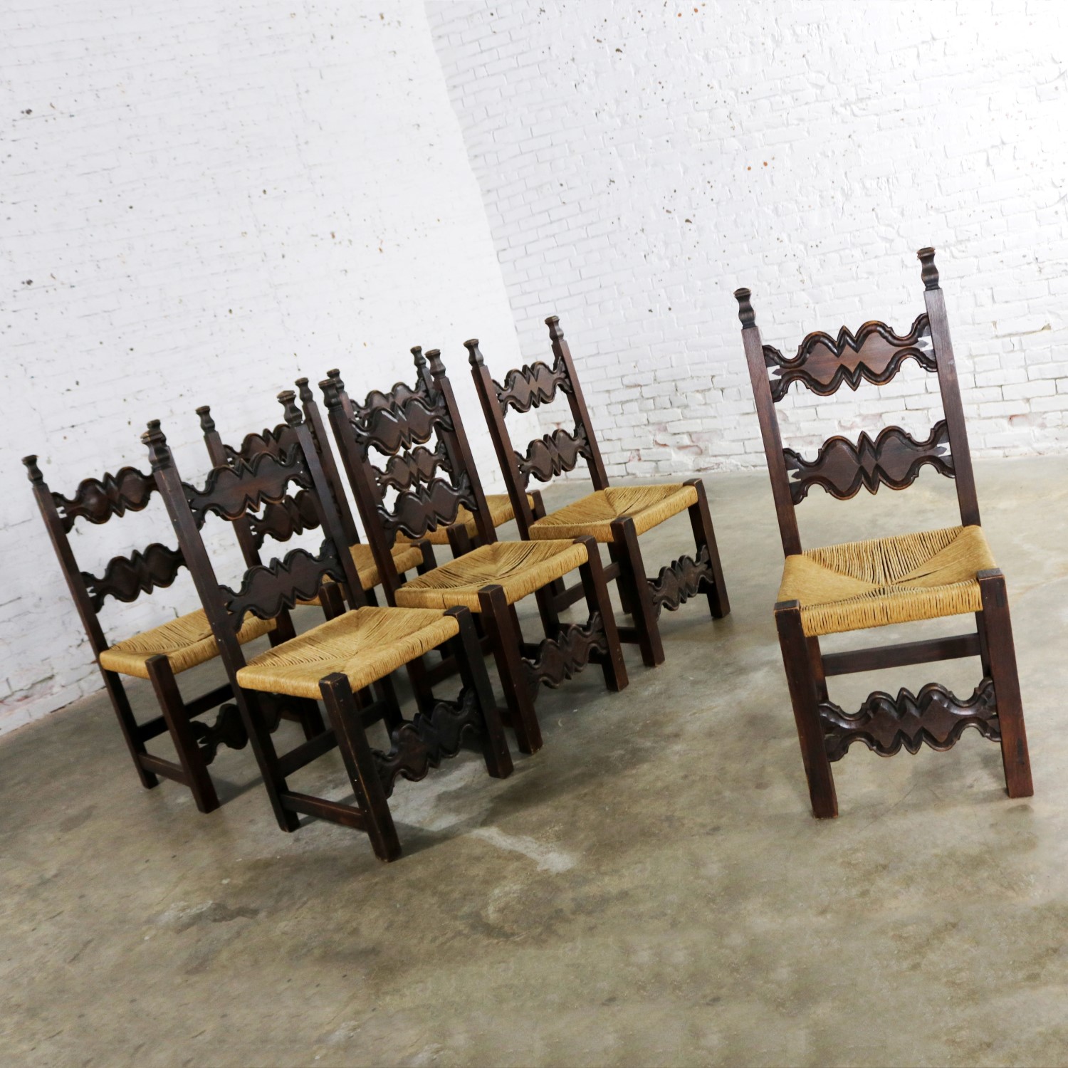 7 Spanish Revival Style Dining Chairs with Rush Seats Artes De Mexico Internacionales SA
