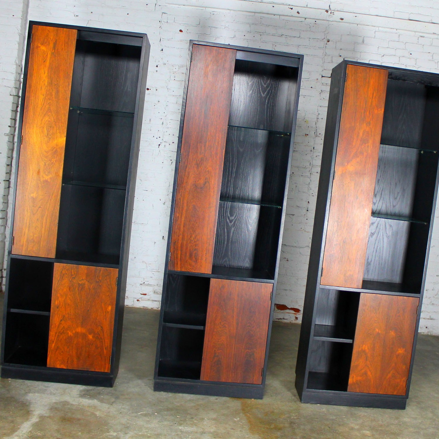 Vintage Harvey Probber Alternating Door Display Cabinets Rosewood & Ebonized Oak Set of 3