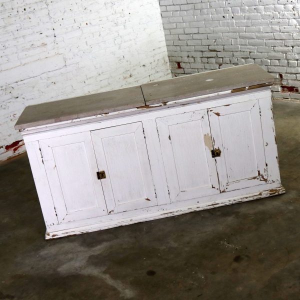 Primitive White Farmhouse Style Four Doored Buffet Cabinet with Marble Top