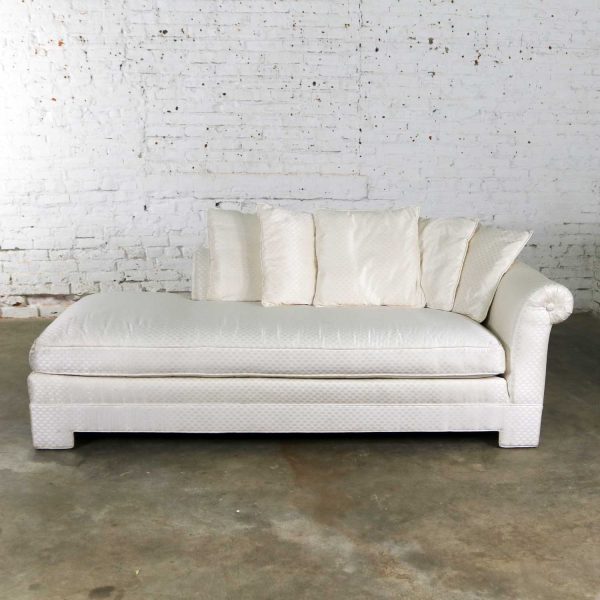 White Art Deco Hollywood Regency Chaise with Loose Pillows & Rolled Arm & Back