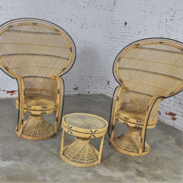 Pair of Wicker Rattan Peacock Fan Back Chairs and Side Table Vintage Bohemian