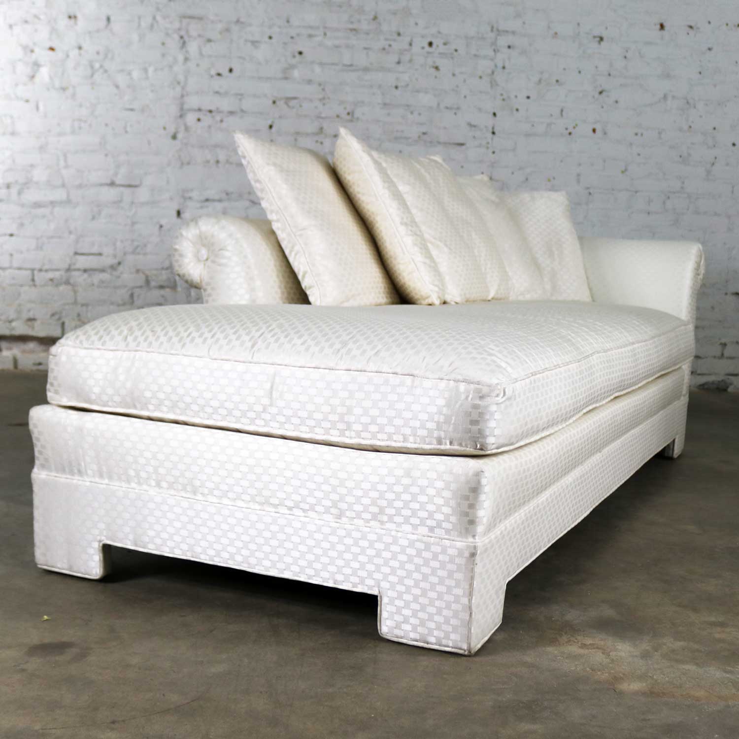 White Art Deco Hollywood Regency Chaise with Loose Pillows & Rolled Arm & Back