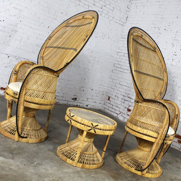 Pair of Wicker Rattan Peacock Fan Back Chairs and Side Table Vintage Bohemian