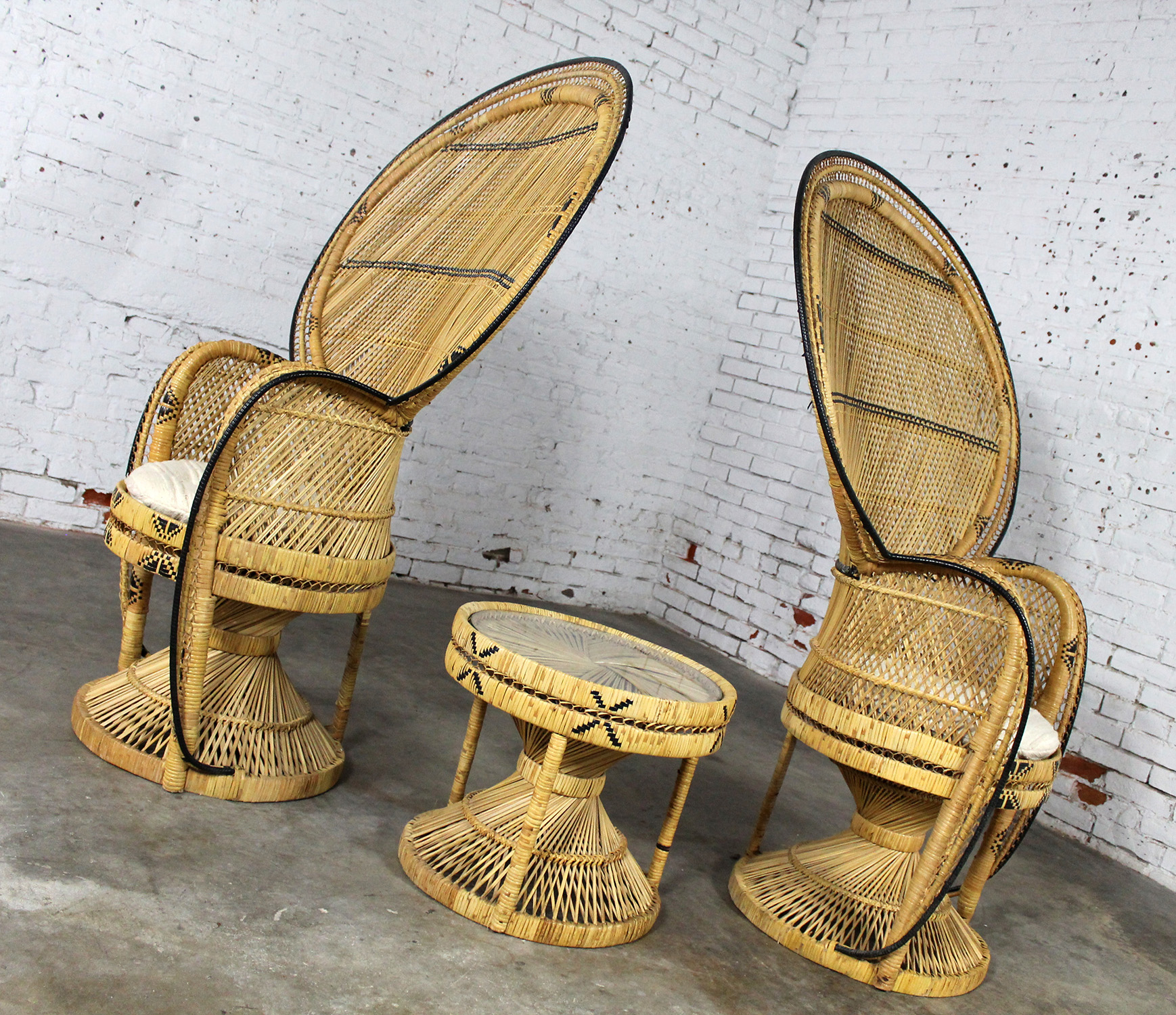 Pair of Wicker Rattan Peacock Fan Back Chairs and Side Table Vintage Bohemian