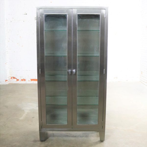 Vintage Stainless Steel Industrial Display Apothecary Medical Cabinet with Glass Doors and Shelves-3