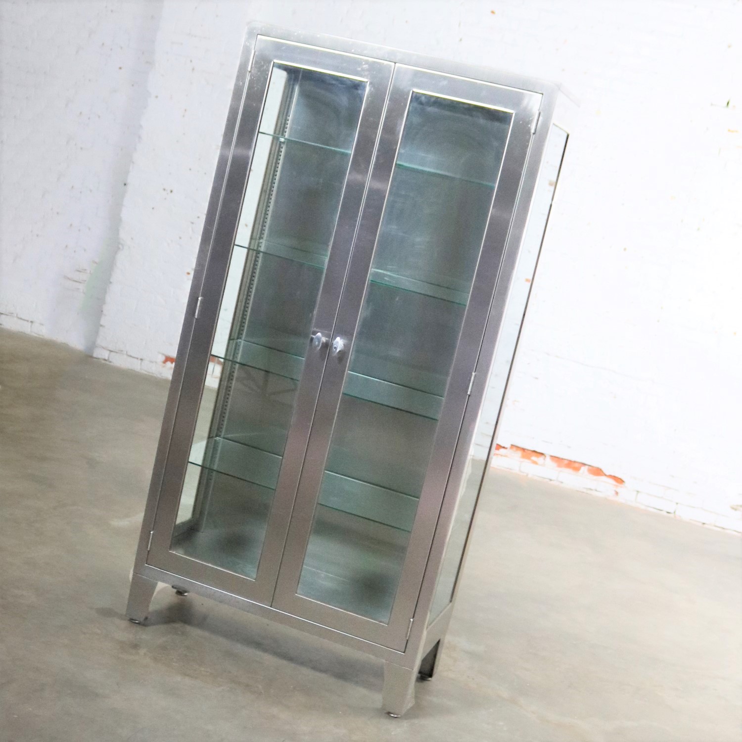 Vintage Stainless Steel Industrial Display Apothecary Medical Cabinet with Glass Doors and Shelves-3