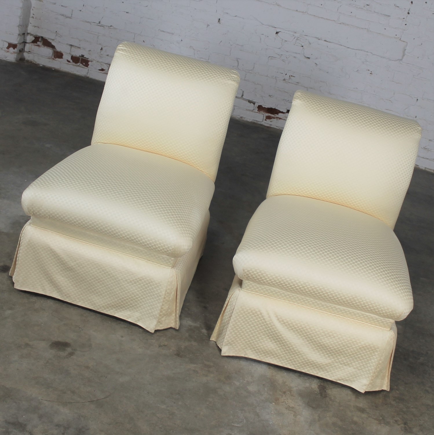 Vintage Pair Donghia Slipper Chairs in Original White Vice Versa Fabric