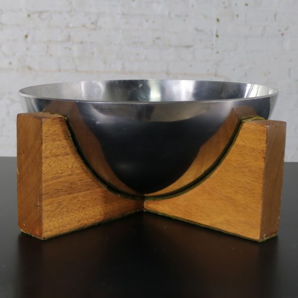 Stainless Steel Half Sphere Centerpiece Bowl on Mahogany Wood Base Mid Century Modern