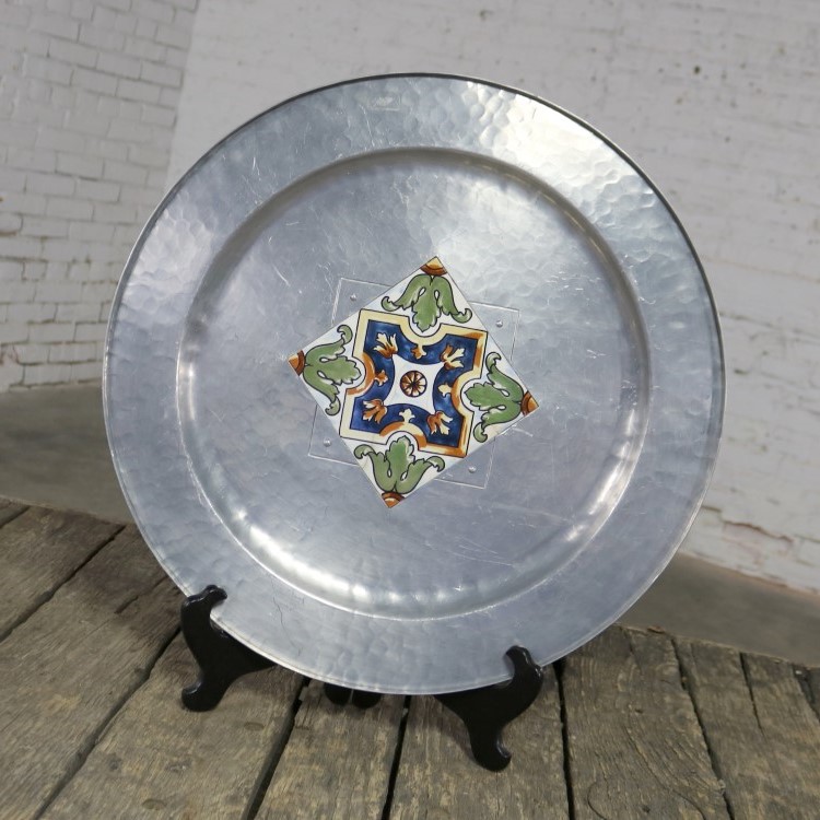 Large Hand Wrought Aluminum MW Laird Argental Tray Charger with Ceramic Tile Center