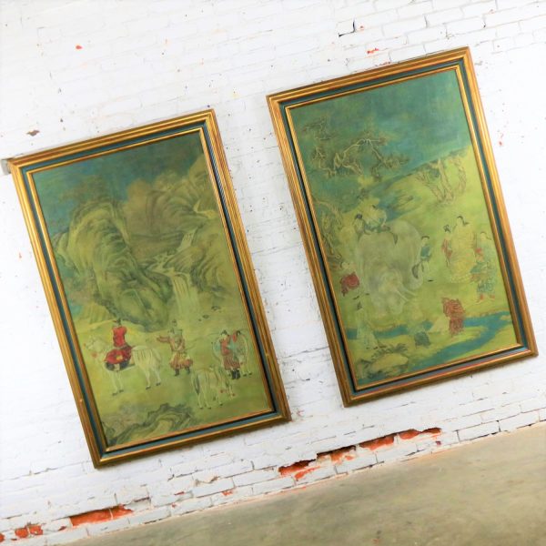 Chinese Ink and Color on Paper Framed Art a Monumental Pair