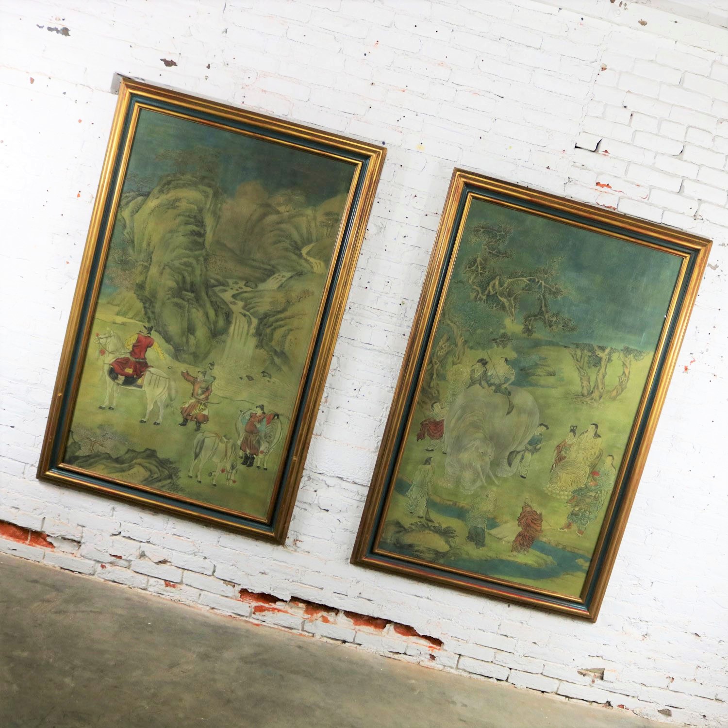 Chinese Ink and Color on Paper Framed Art a Monumental Pair