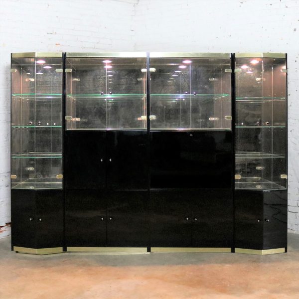 Italian Black Laminate Glass and Brass 4 Piece Modular Freestanding Wall Unit Display Cabinet