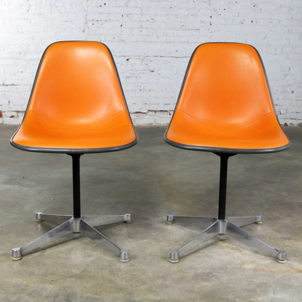 Eames PSC Orange Vinyl Upholstered Pivoting Side Shell Chair on Contract Base a Pair