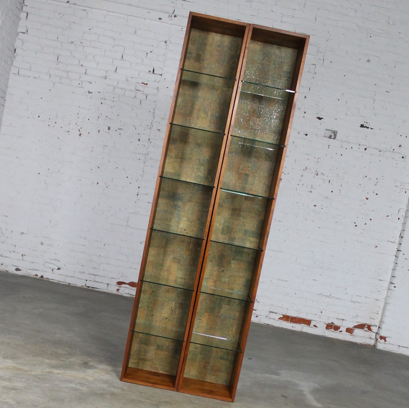 Pair Mid Century Modern Teak Column Book or Display Cases w/Glass Shelves & Cork Interior Backs