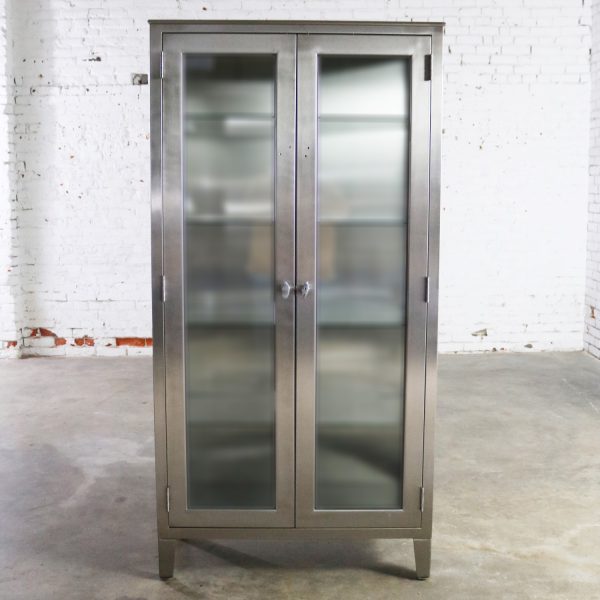 Vintage Stainless Steel Industrial Display Apothecary Medical Cabinet with Glass Doors and Shelves-5