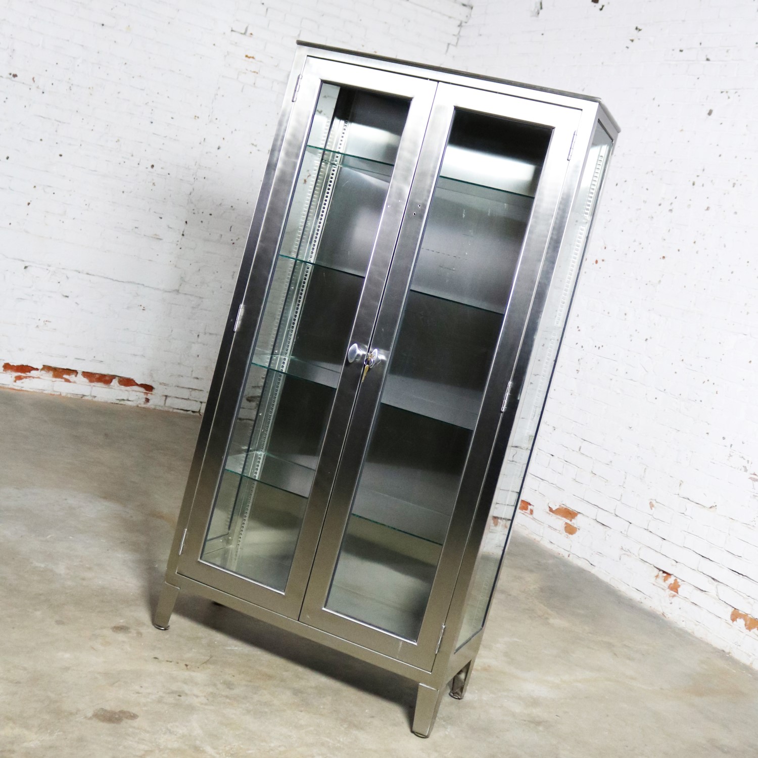 Vintage Stainless Steel Industrial Display Apothecary Medical Cabinet with Glass Doors and Shelves-5