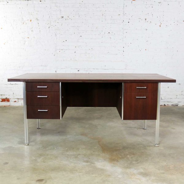 Mid Century Modern Walnut Executive Desk with Aluminum Legs