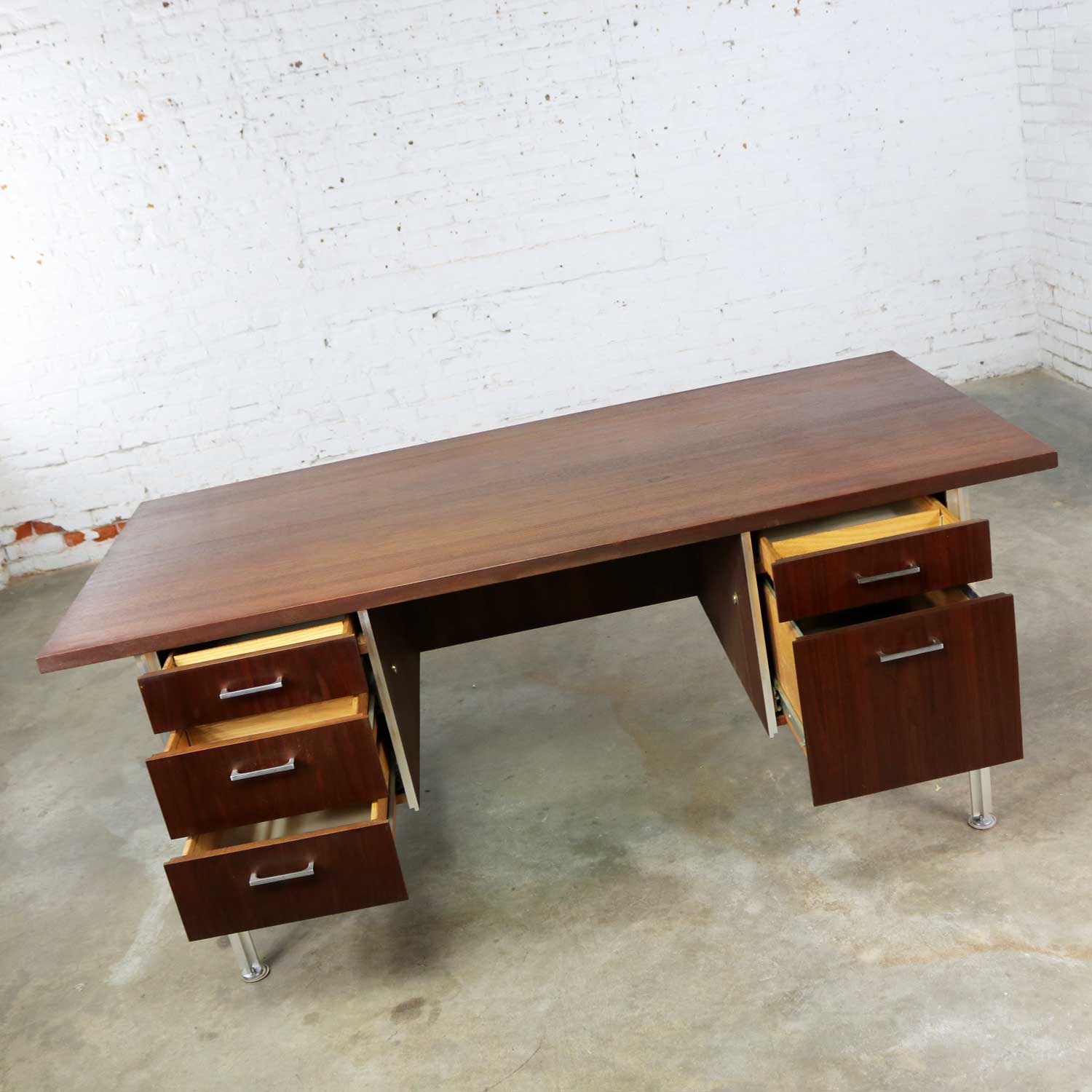 Mid Century Modern Walnut Executive Desk with Aluminum Legs