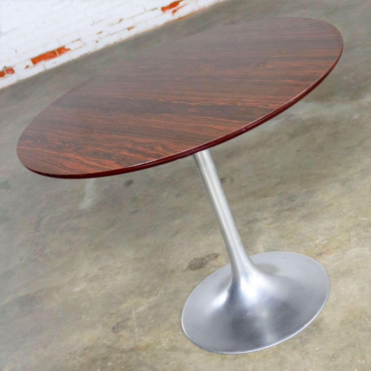 Saarinen Style Tulip Base Table in Aluminum with Woodgrain Laminate Top