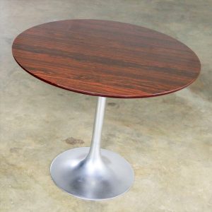 Saarinen Style Tulip Base Table in Aluminum with Woodgrain Laminate Top