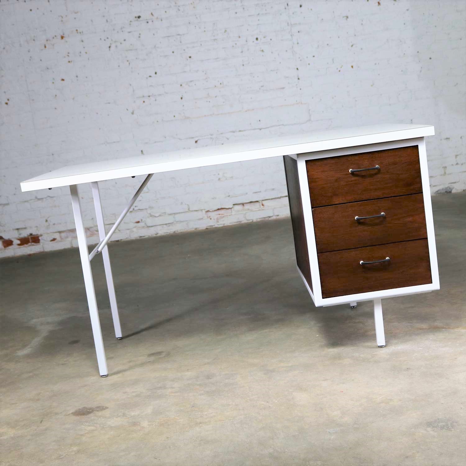 Mid Century Modern Desk by Robert John Co. Walnut White Steel Frame & Laminate Top