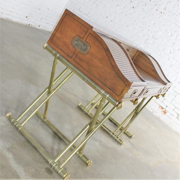 Vintage Drexel Campaign Desk with Gilt X-Base Legs and Low Roll Top