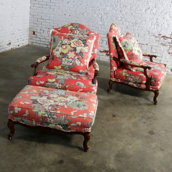 Overscale Pair Fauteuil Chairs with Ottoman Coral Cream and Gray