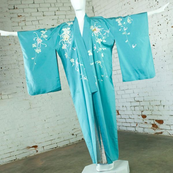 Japanese Turquoise Silk Hōmongi Kimono with Embroidered Chrysanthemums and Vines