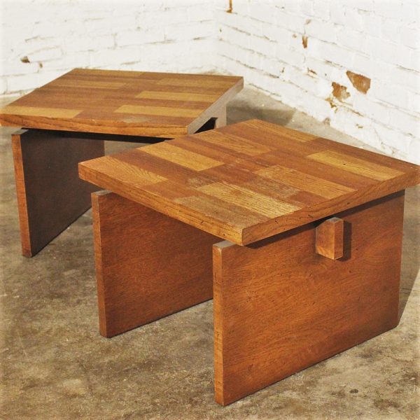 Pair Vintage Lane Chunky Brutalist Oak End Tables
