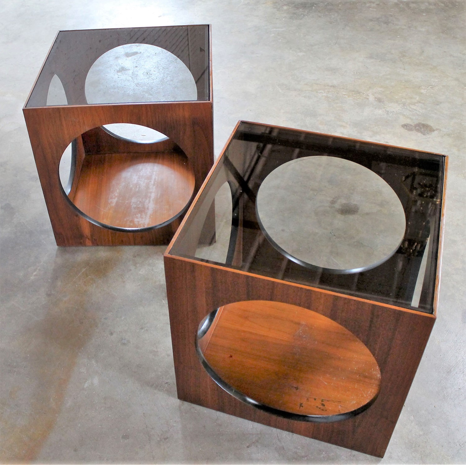 Vintage Pair Mid-Century Modern Lane Cube Tables with Circle Cut-Outs and Smoke Glass Tops