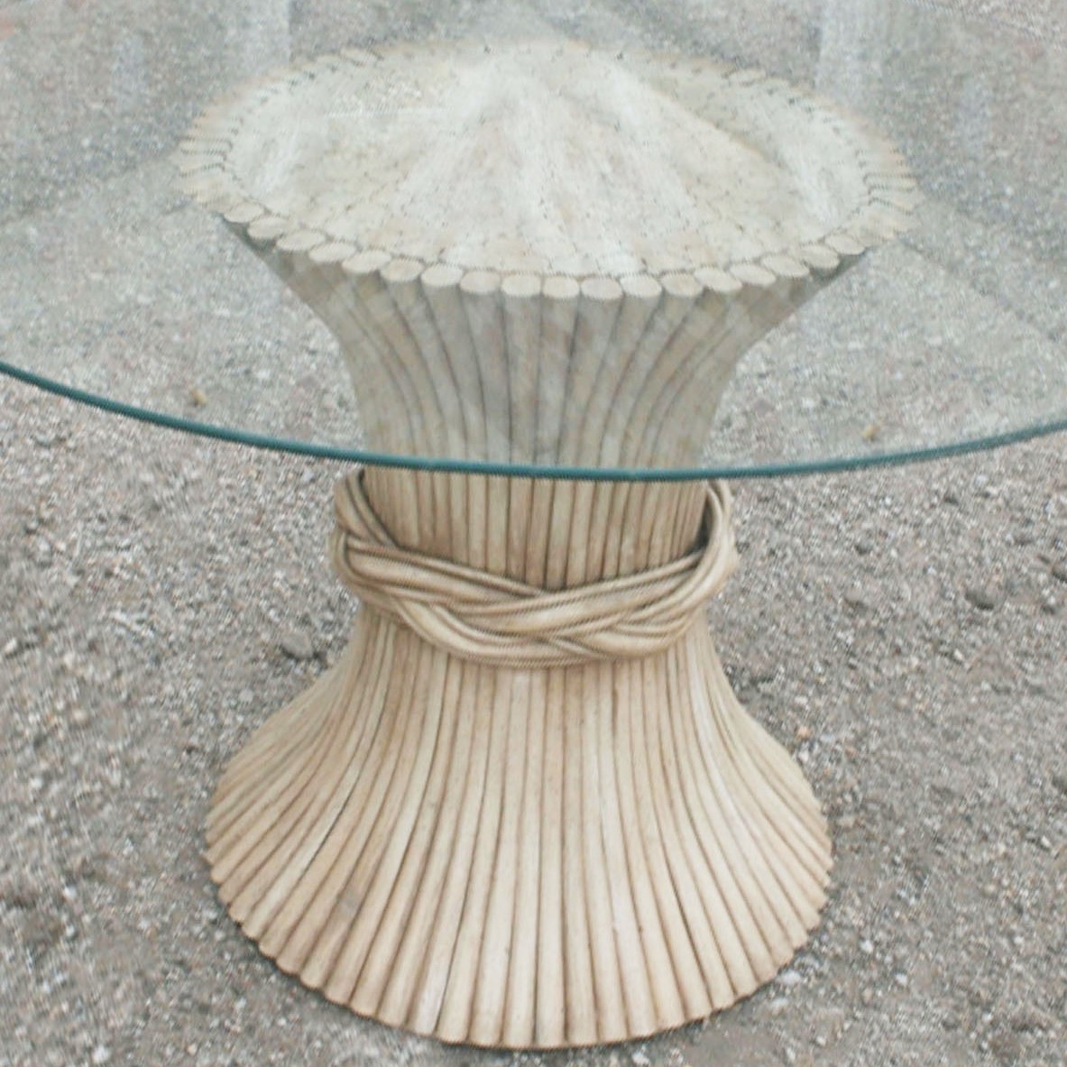 Vintage McGuire Round Rattan Dining Table Sheaf-of-Wheat Style with Glass Top