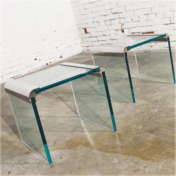 Vintage Pair Chrome and Glass Waterfall Side Tables by The Pace Collection