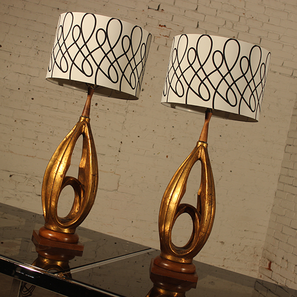 Vintage Pair Mid Century Modern Faux Gold Leafed Hollywood Regency Lamps