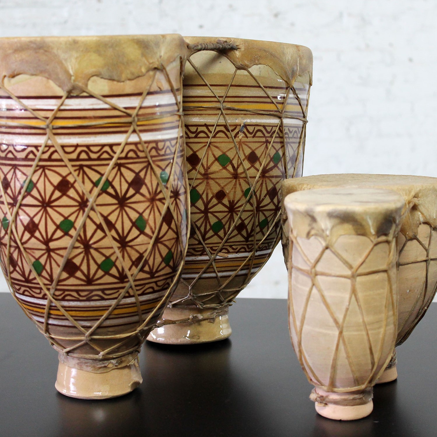 Vintage Set of 2 Moroccan Double Ceramic Bongo-Style Tbilat Drums