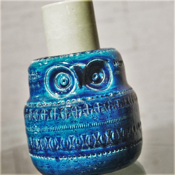 Rosenthal Netter Bitossi Pottery Mid Century Rimini Blue Owl Pillar Candle Holder by Raymor