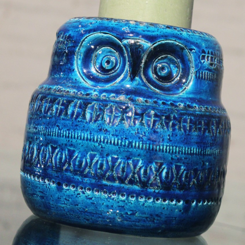 Rosenthal Netter Bitossi Pottery Mid Century Rimini Blue Owl Pillar Candle Holder by Raymor