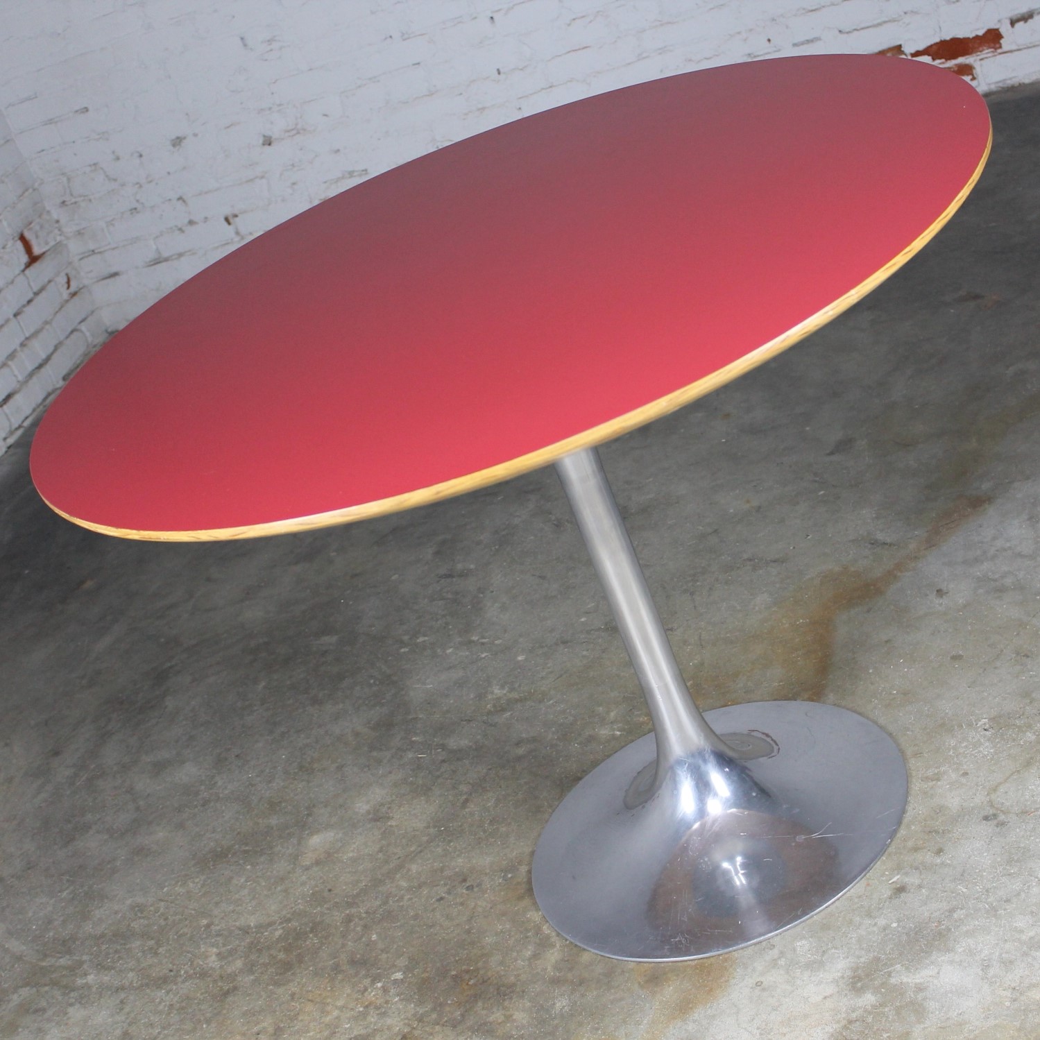 Vintage Saarinen Style Polished Aluminum Tulip Base Dining Table w/Red Laminate Top