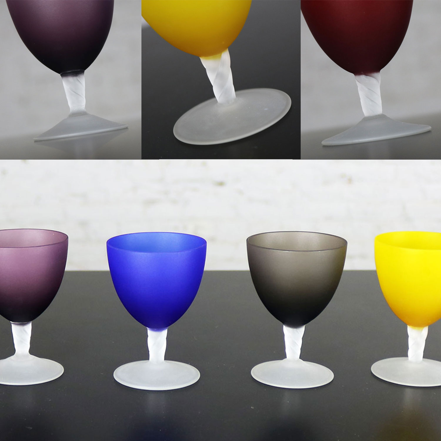 Set of 5 Small Multi-Colored Frosted Glass Wine Coupes or Cordial Glasses