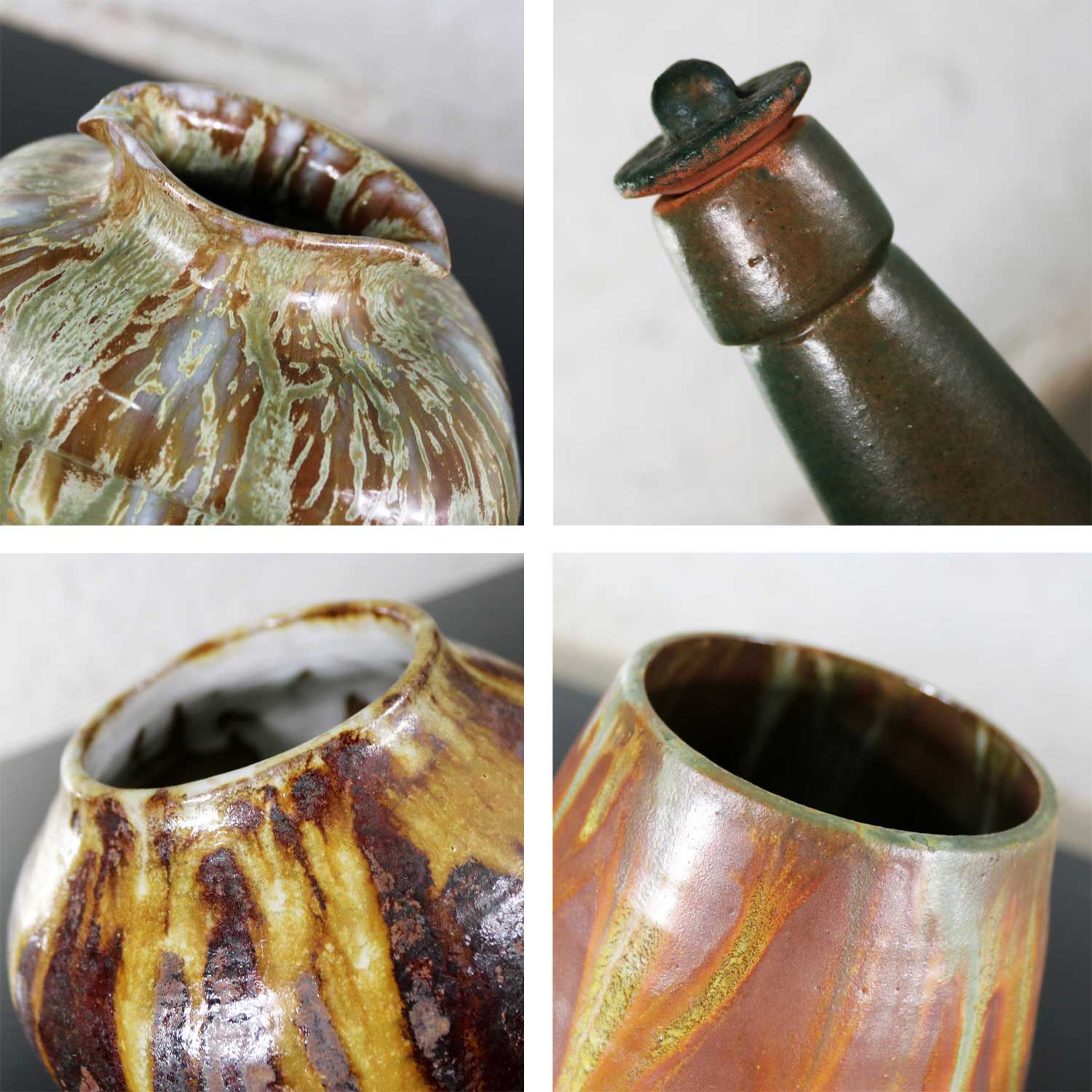 Set of 4 Pieces of Mid-Century Modern Studio Ceramic Pottery 3 Pots 1 Bottle