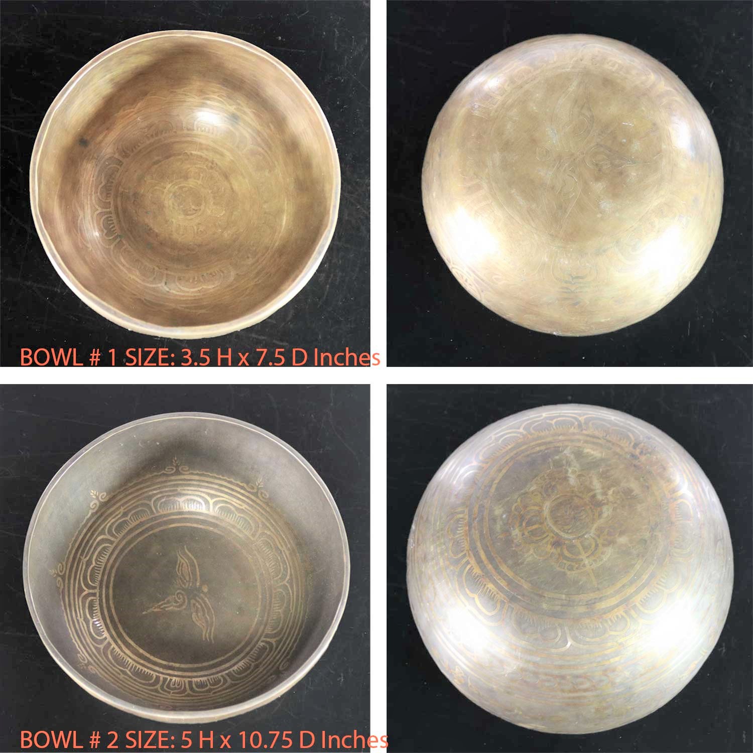 Vintage Set of 2 Bronze Nesting Incised Singing Bowls or Standing Bowls with Mallet