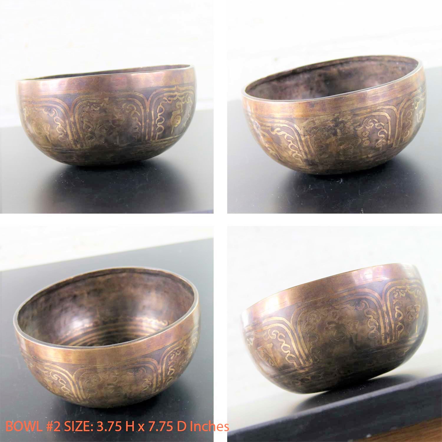 Vintage Set of 6 Bronze Nesting Incised Singing Bowls or Standing Bowls with Mallets